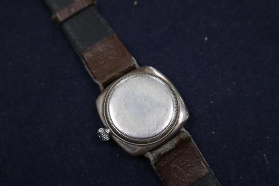A gentlemans silver Rolex Oyster cushion cased wristwatch, with silvered Roman dial and